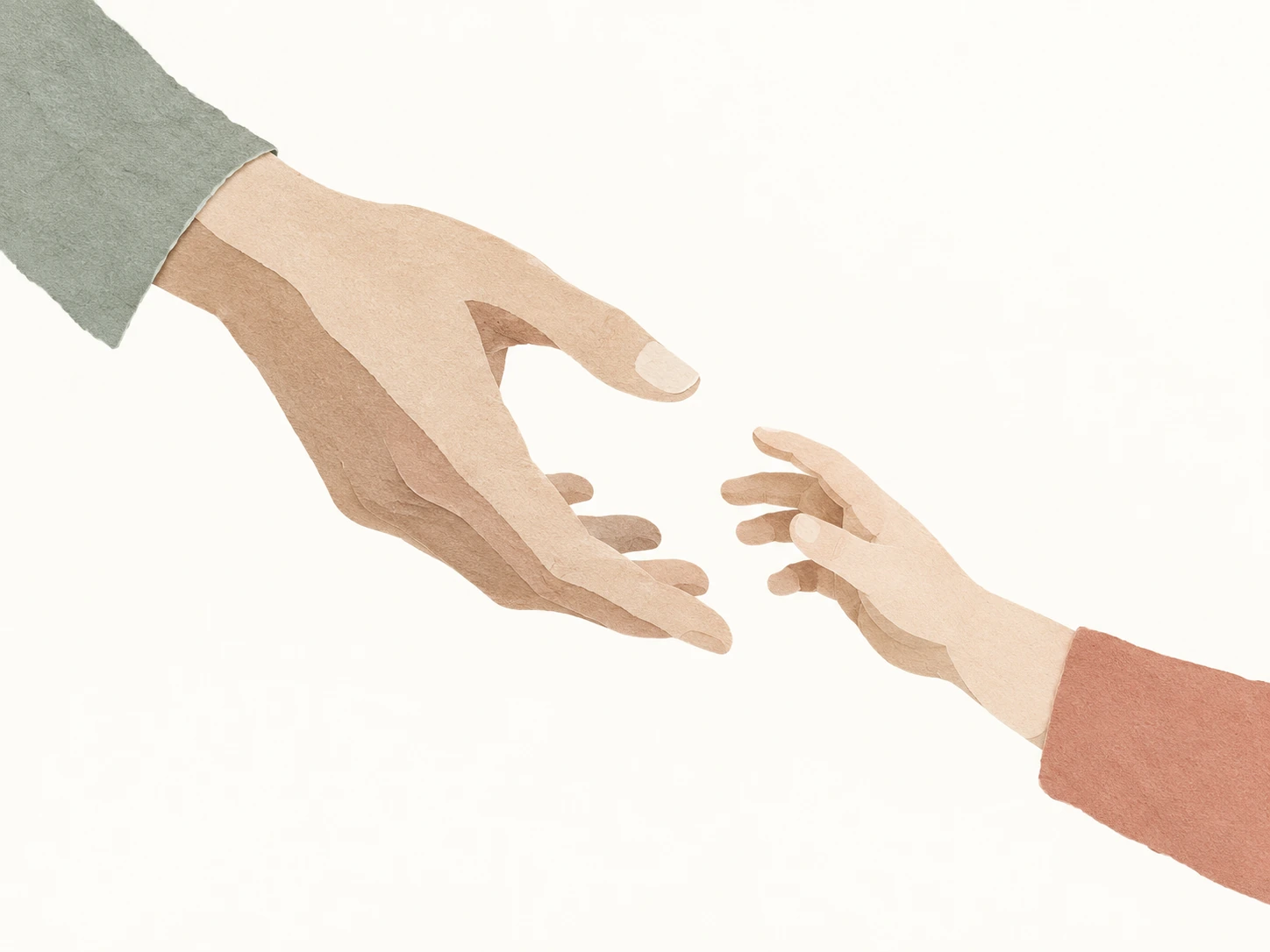 Une main adulte et une main d’enfant qui se rejoignent, en papier collé minimaliste
