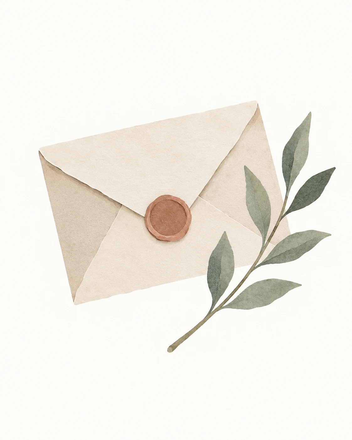 Enveloppe ivoire et branche végétale en papier collé minimaliste